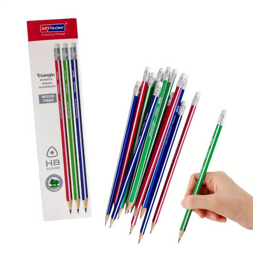Creioane Grafit 12/set HB Triunghiulare cu Radieră Model Colorat