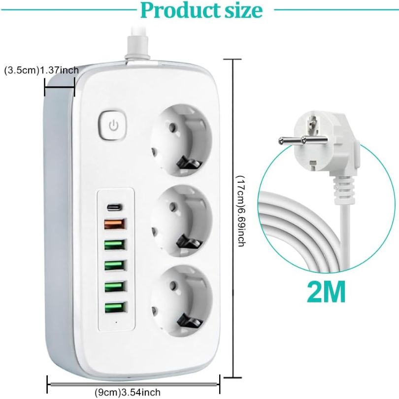 Prelungitor pentru Birou 2m cu 3 Prize 3xUSB,5V, 2.1A
