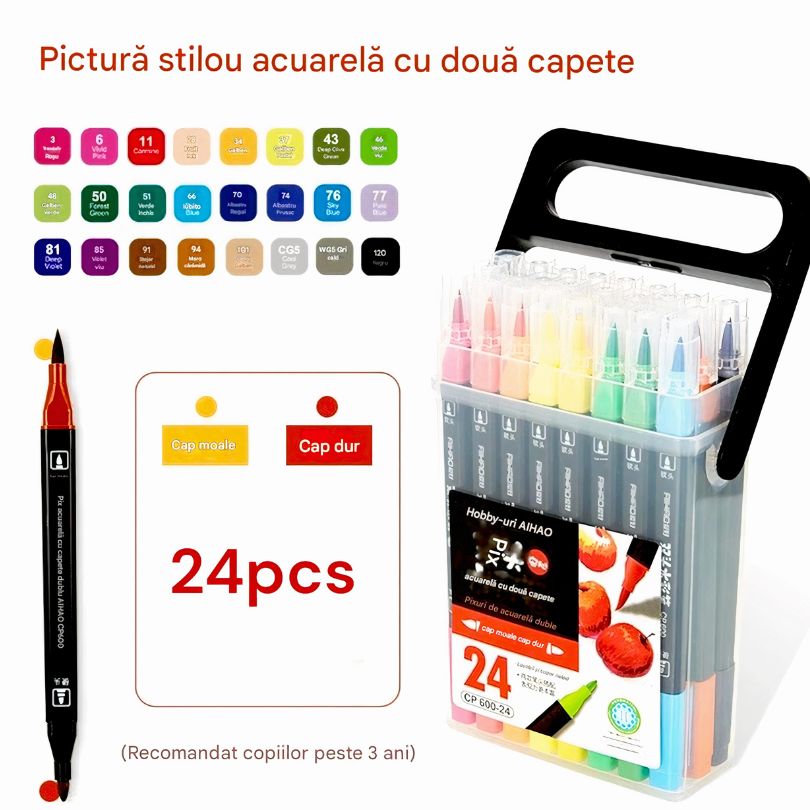 Carioci pe Baza de Apa 24/Set, Diferite Culori, cu Doua Capete, 12 cm
