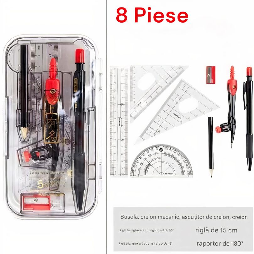 Trusa de Geometrie din Plastic cu 8 Instrumente