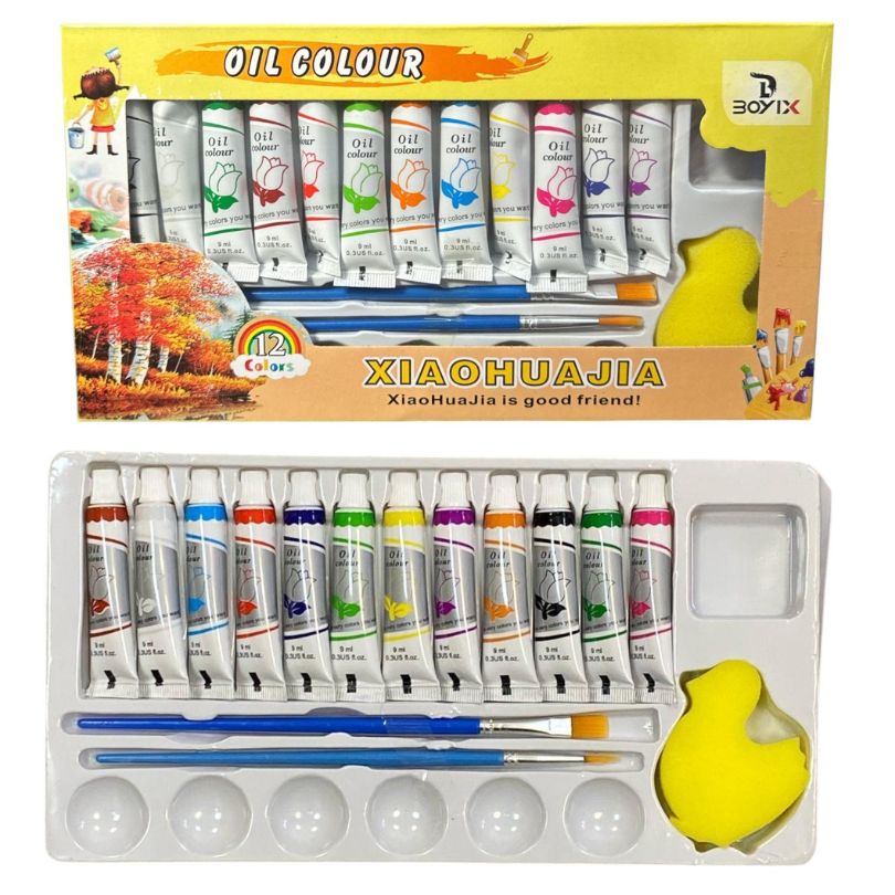 Tempera Acuarele la Tub 9ml pe Baza de Ulei 12/set Diferite Culori, cu Doua Pensule si un Buretel 6cm cu Suport