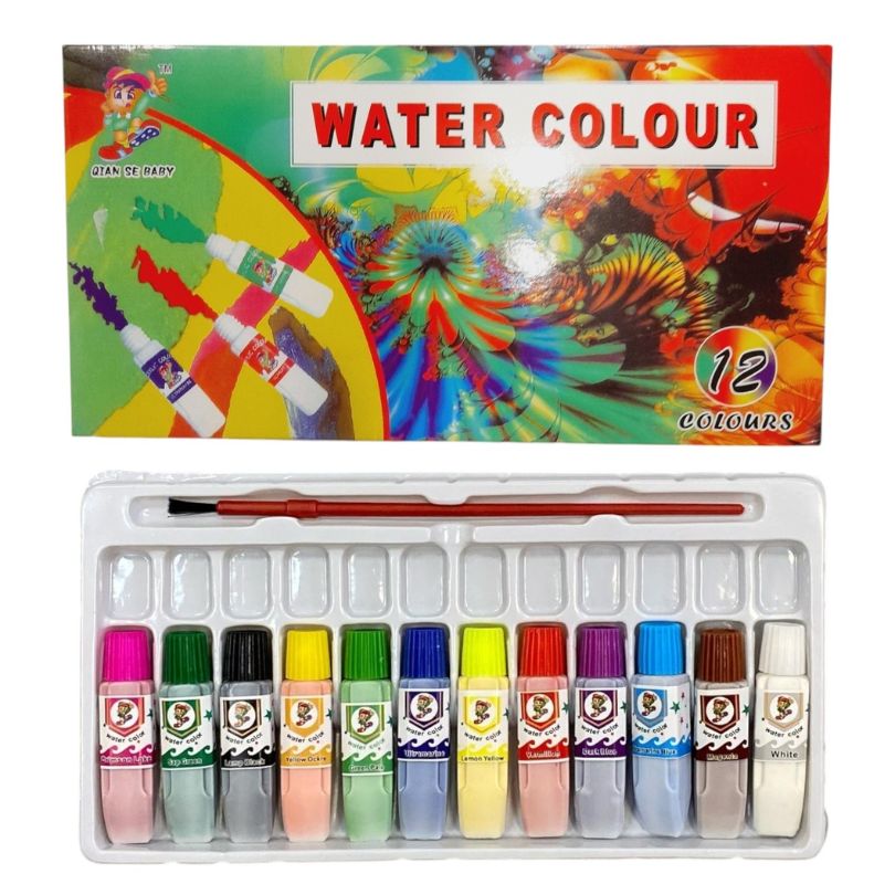 Tempera Acuarele la Tub pe Baza de Apa 12x6ml, Diferite Culori 12/set cu Pensula 15cm