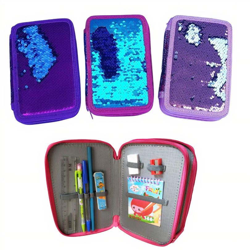 Penar pentru Scoala, 20x12cm cu 2 Fermoare, cu Paiete, Reversibil, Neechipat, Diferite Culori