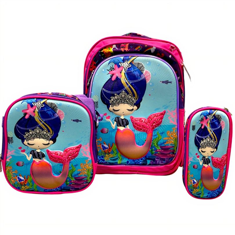 Ghiozdan pentru Scoala 40x30x12cm cu 3 Fermoare 5D, Model Sirena, cu Penar si Gentuta de Umar